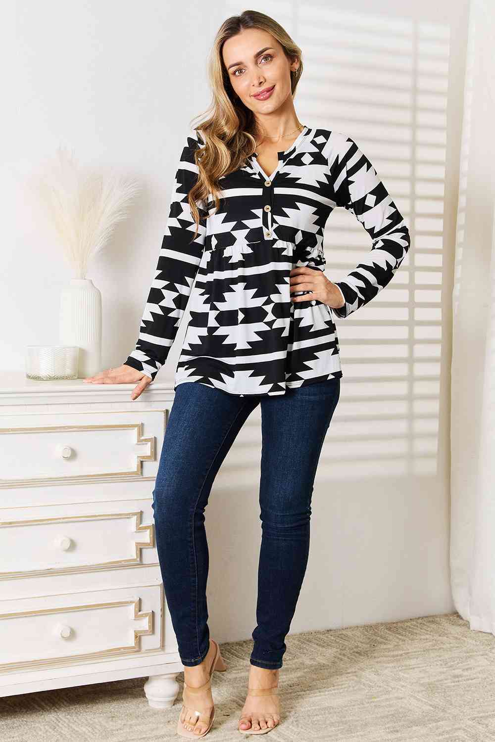 Heimish Full Size Geometric Notched Neck Long Sleeve Top - nailedmoms
