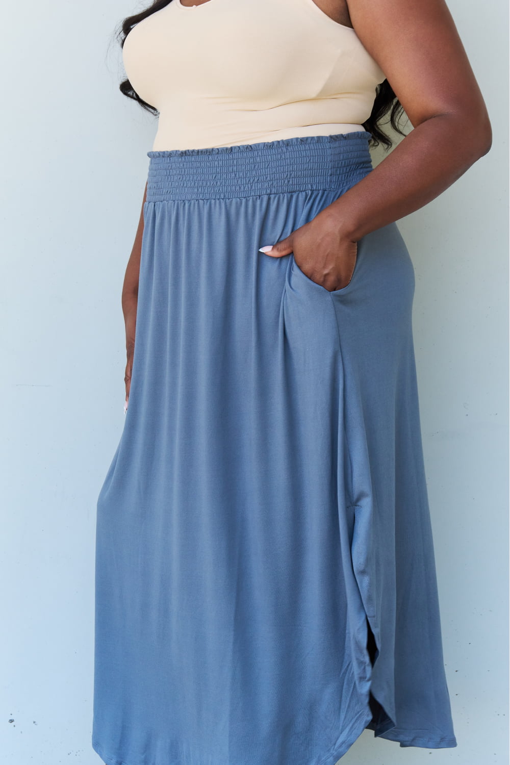 Doublju Comfort Princess Full Size High Waist Scoop Hem Maxi Skirt in Dusty Blue - nailedmoms