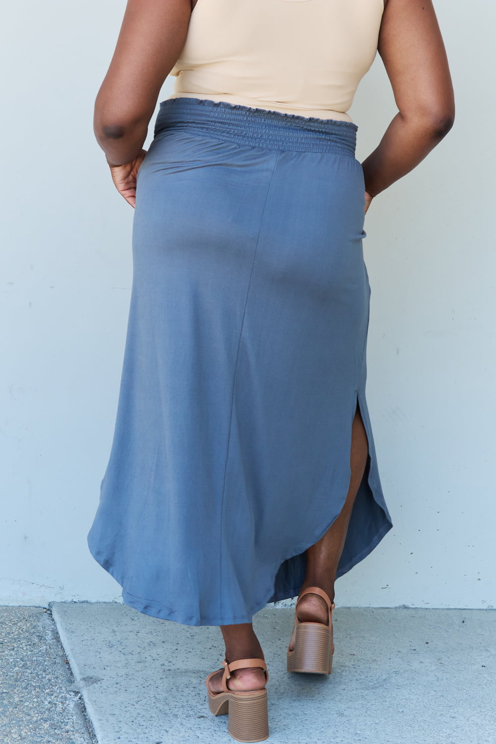 Doublju Comfort Princess Full Size High Waist Scoop Hem Maxi Skirt in Dusty Blue - nailedmoms