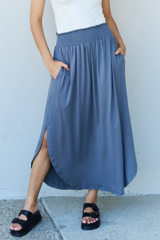 Doublju Comfort Princess Full Size High Waist Scoop Hem Maxi Skirt in Dusty Blue - nailedmoms