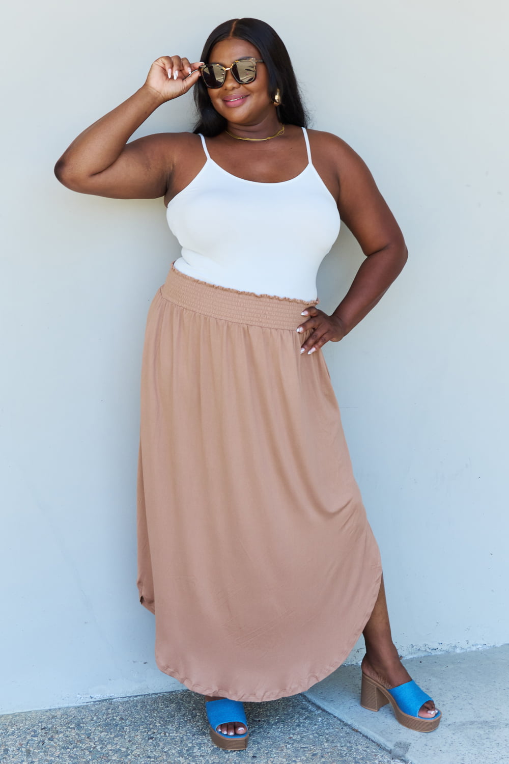 Doublju Comfort Princess Full Size High Waist Scoop Hem Maxi Skirt in Tan - nailedmoms