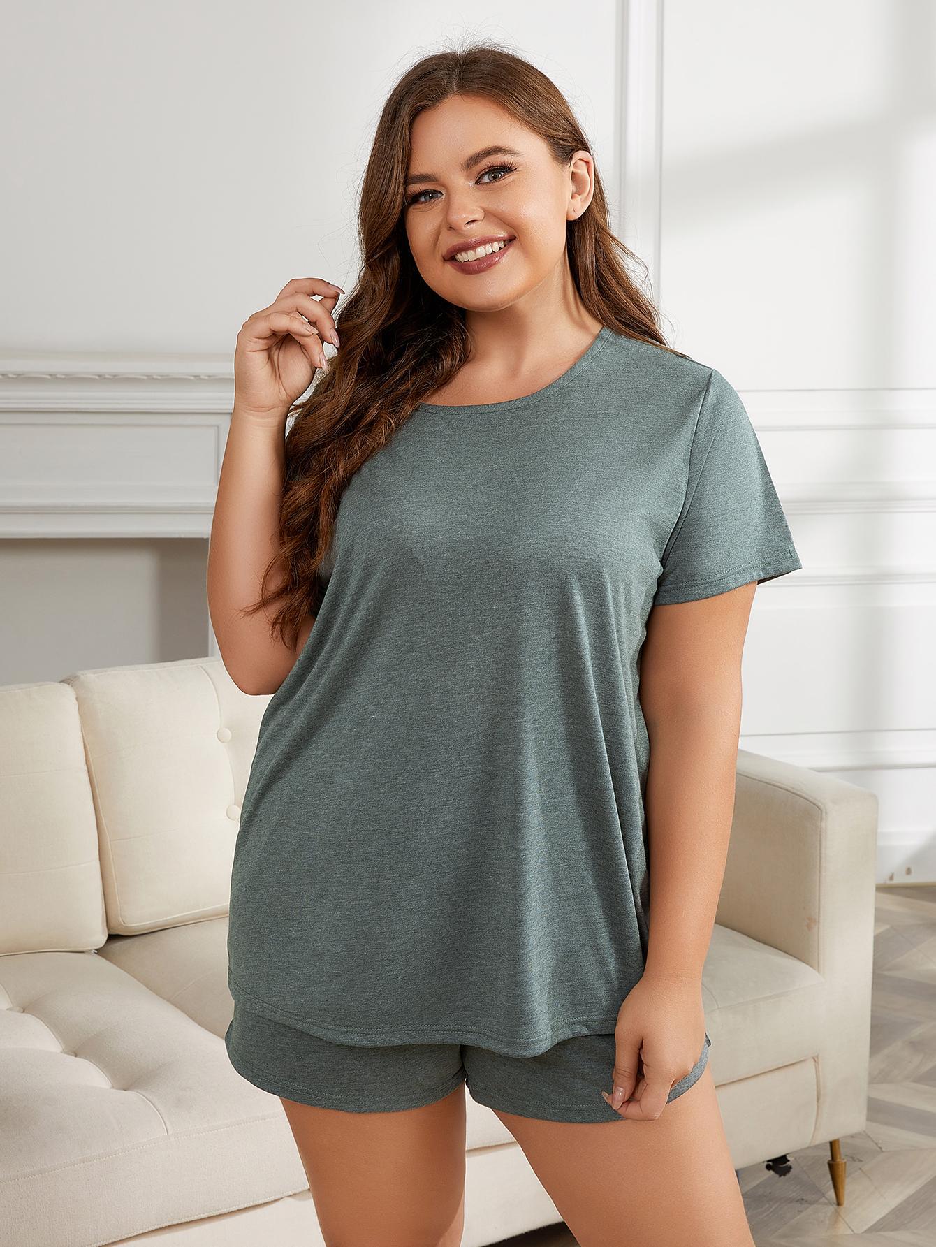 Plus Size Round Neck Short Sleeve Two-Piece Loungewear Set - nailedmoms