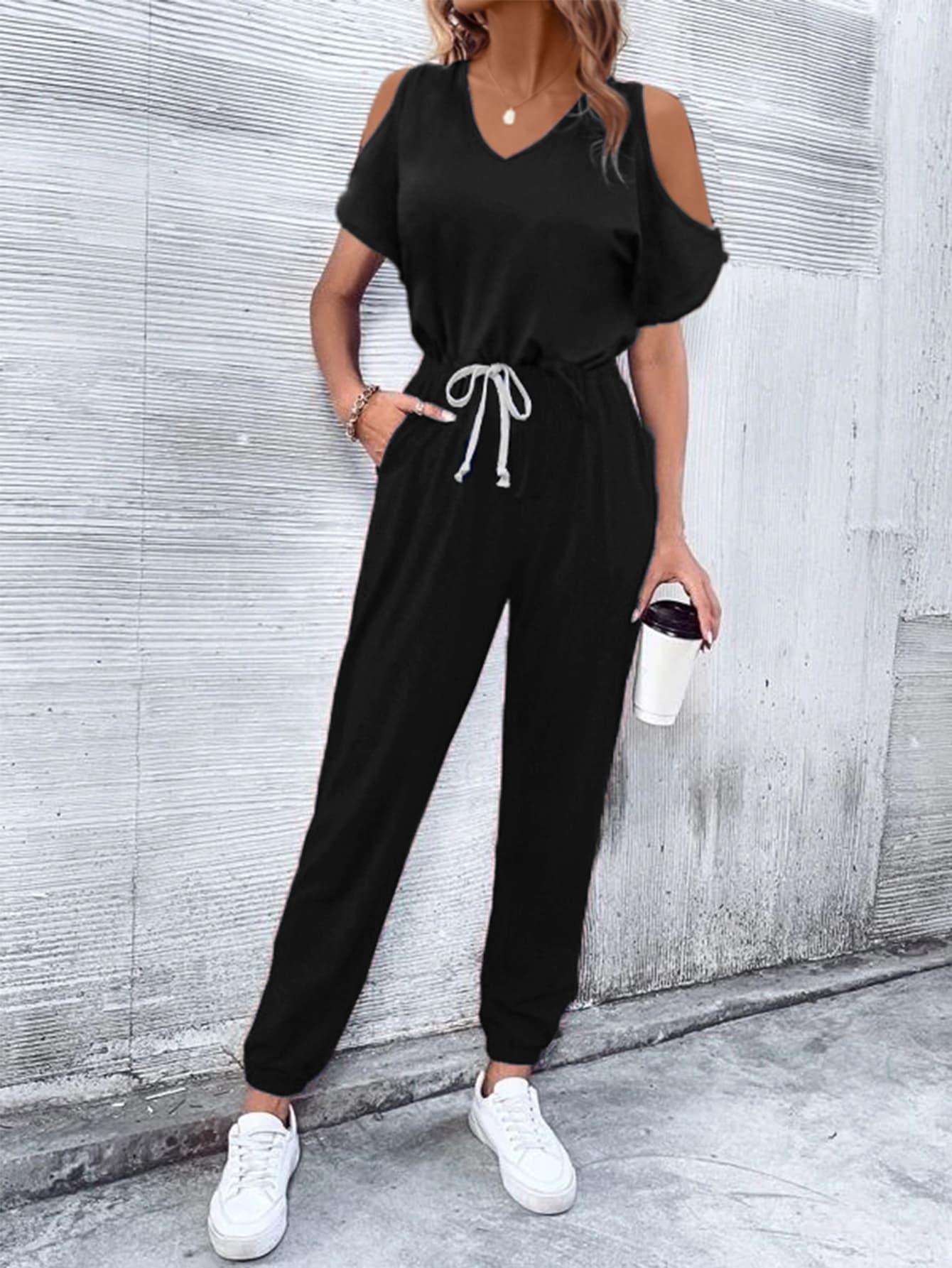 V-Neck Cold-Shoulder Jumpsuit with Pockets - nailedmoms