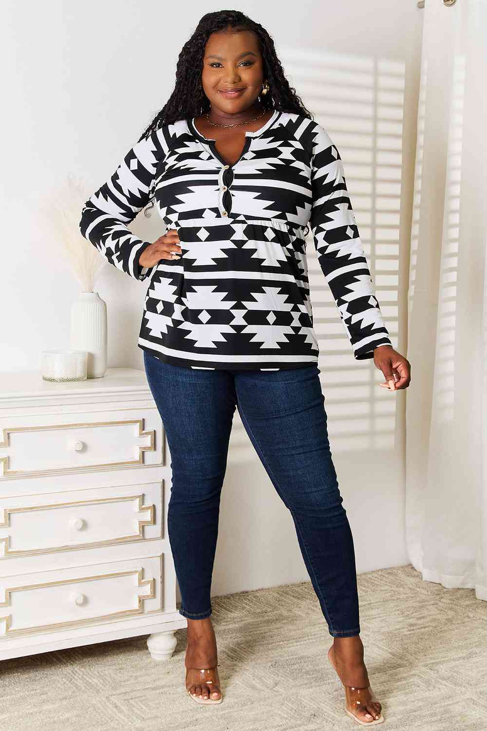 Heimish Full Size Geometric Notched Neck Long Sleeve Top - nailedmoms
