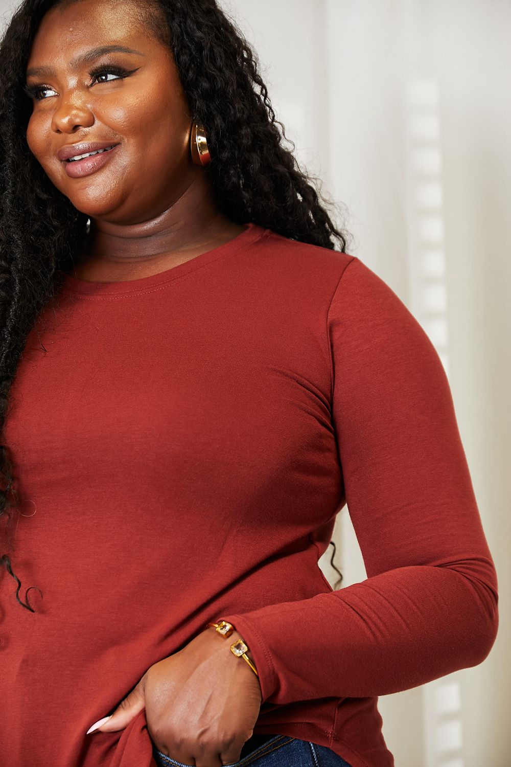 Zenana Full Size Long Sleeve Round Neck Round Hem Top - nailedmoms