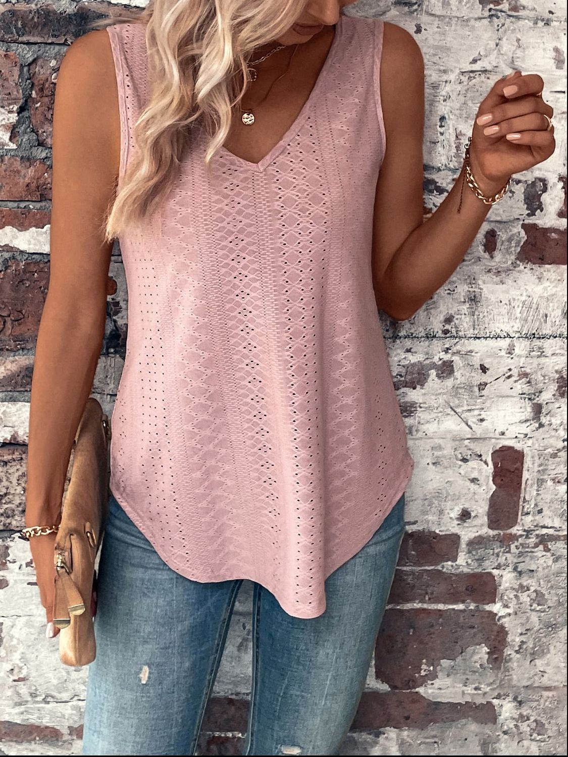 Eyelet V-Neck Curved Hem Tank - nailedmoms