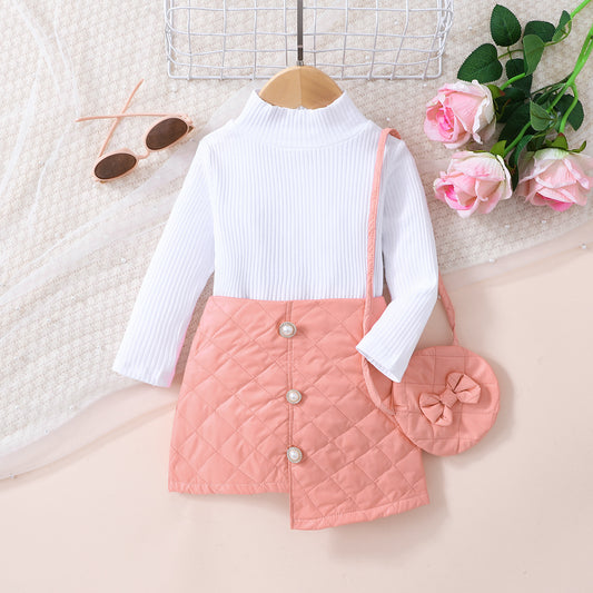 Girls Knit Top and Decorative Button Skirt Set with Bag - nailedmoms