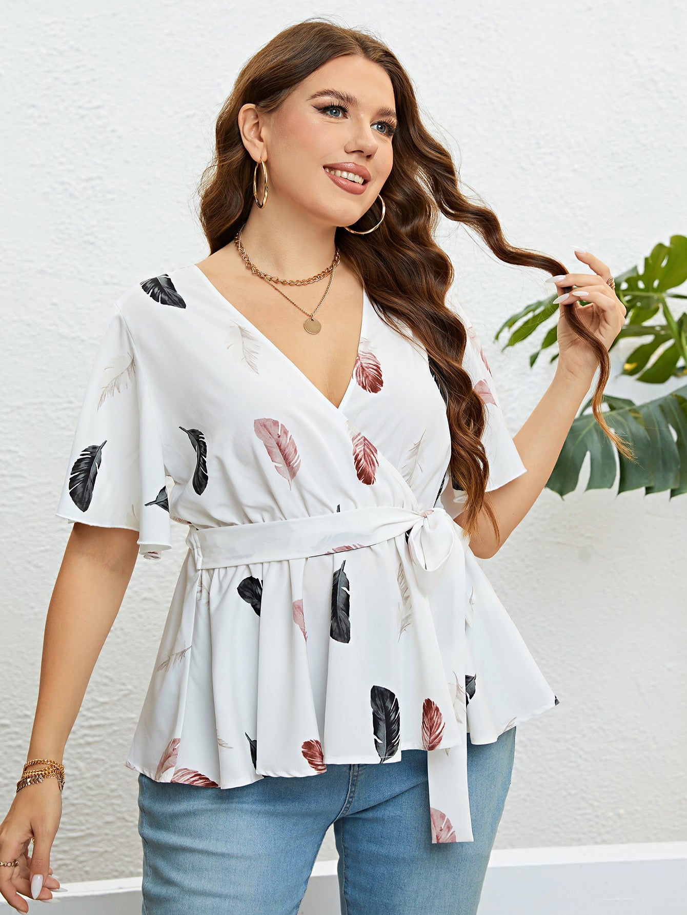 Feather Print Tied Flutter Sleeve Blouse - nailedmoms