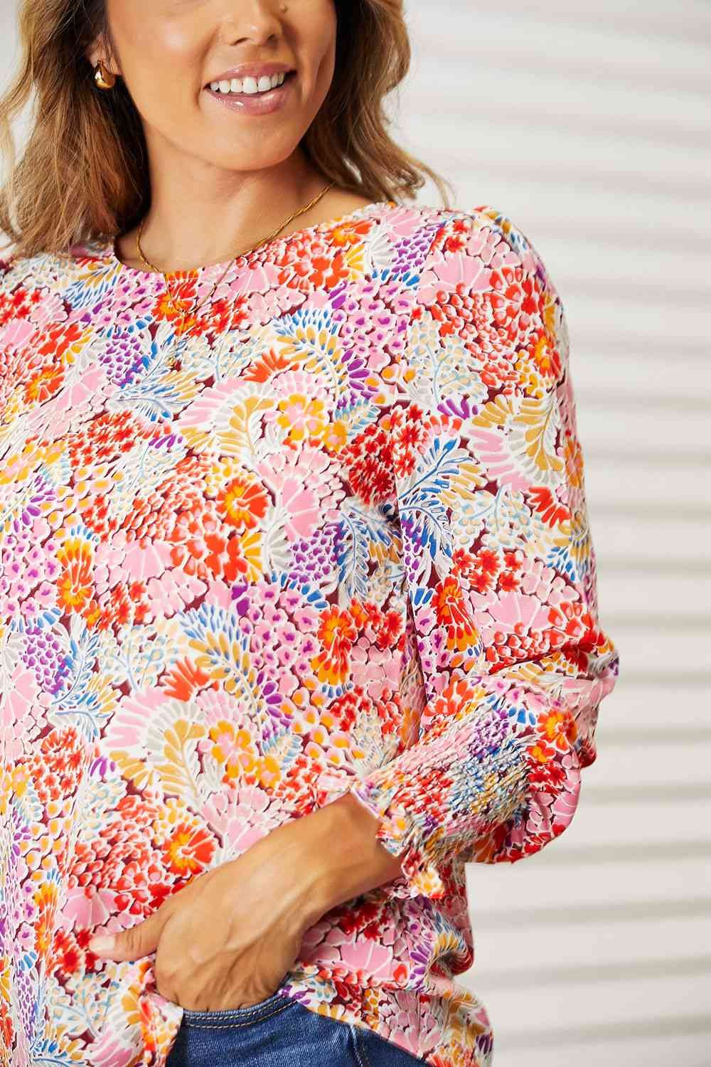 Double Take Floral Print Long Puff Sleeve Blouse - nailedmoms