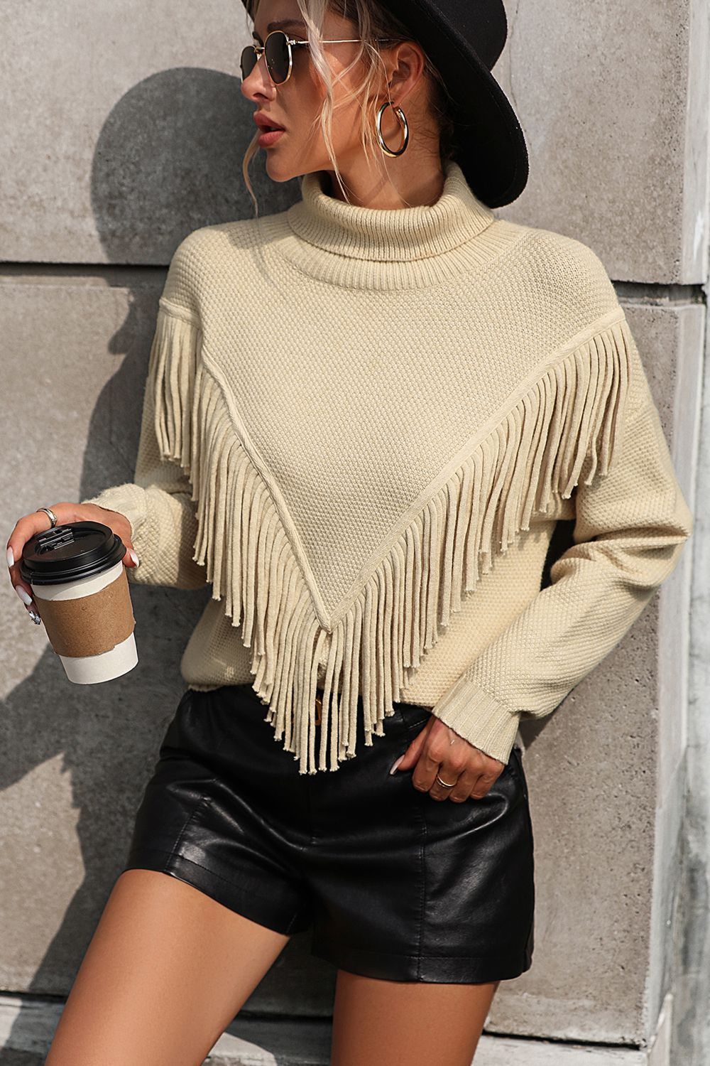 Turtle Neck Tassel Front Long Sleeve Pullover Sweater - nailedmoms