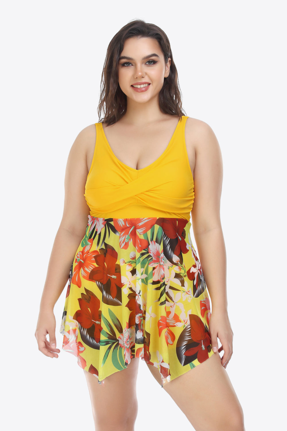 Plus Size Floral Two-Tone Asymmetrical Hem Two-Piece Swimsuit - nailedmoms