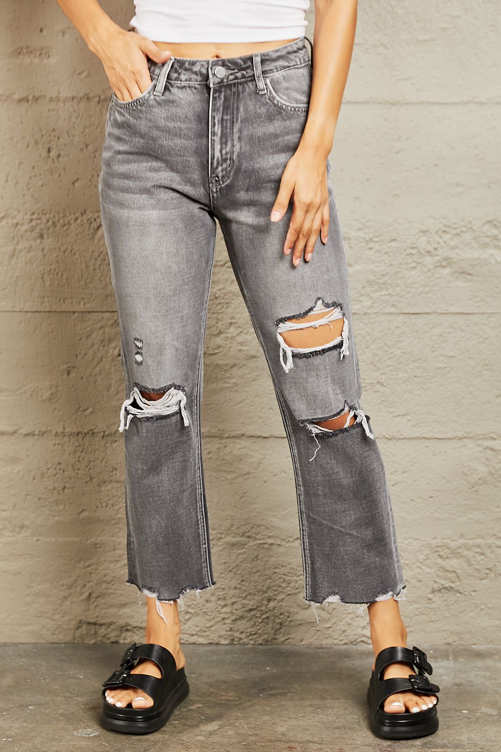 BAYEAS Mid Rise Distressed Cropped Dad Jeans - nailedmoms