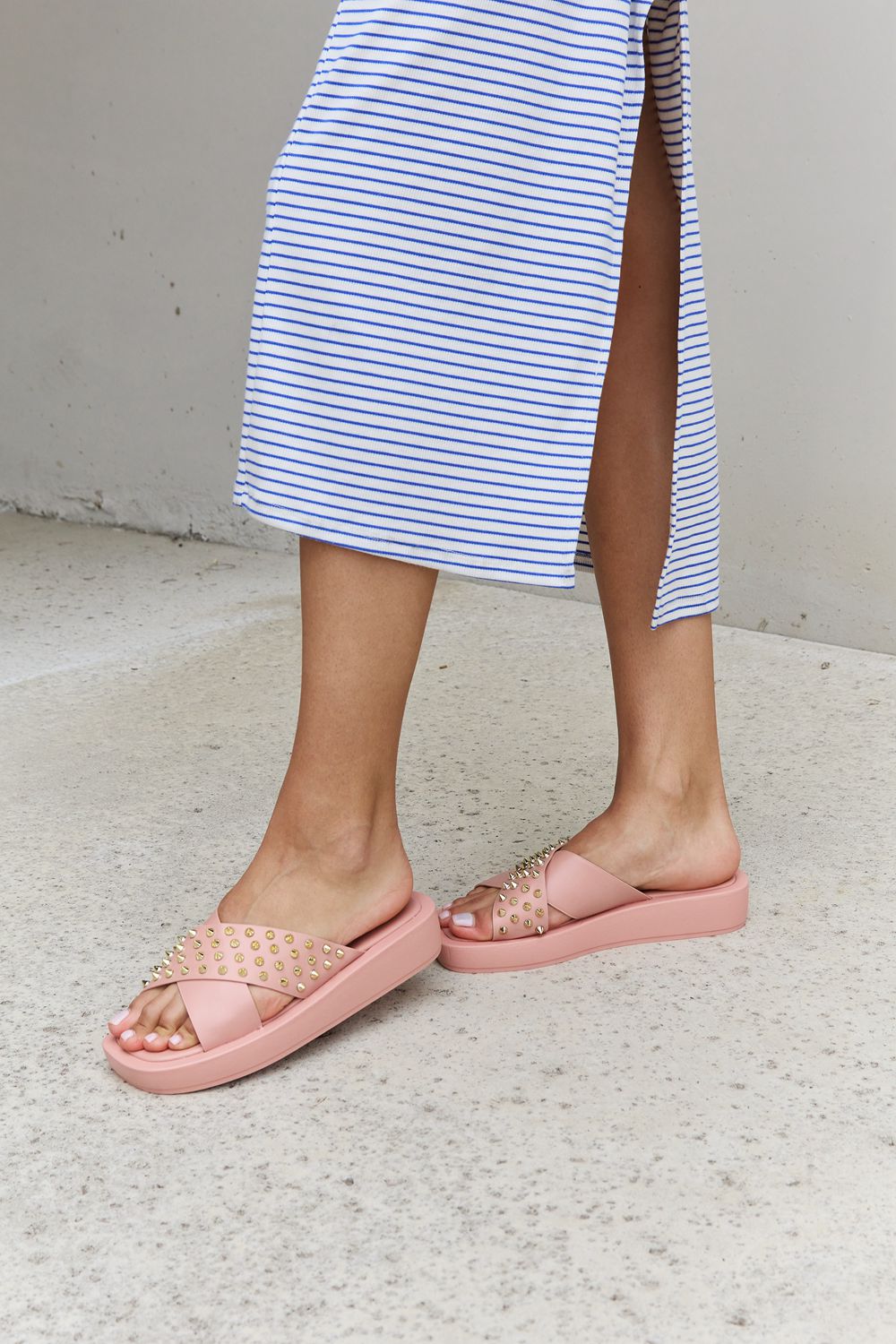 Forever Link Studded Cross Strap Sandals in Blush - nailedmoms