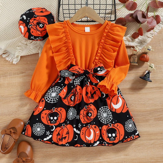 Round Neck Ruffle Trim Halloween Theme Dress - nailedmoms