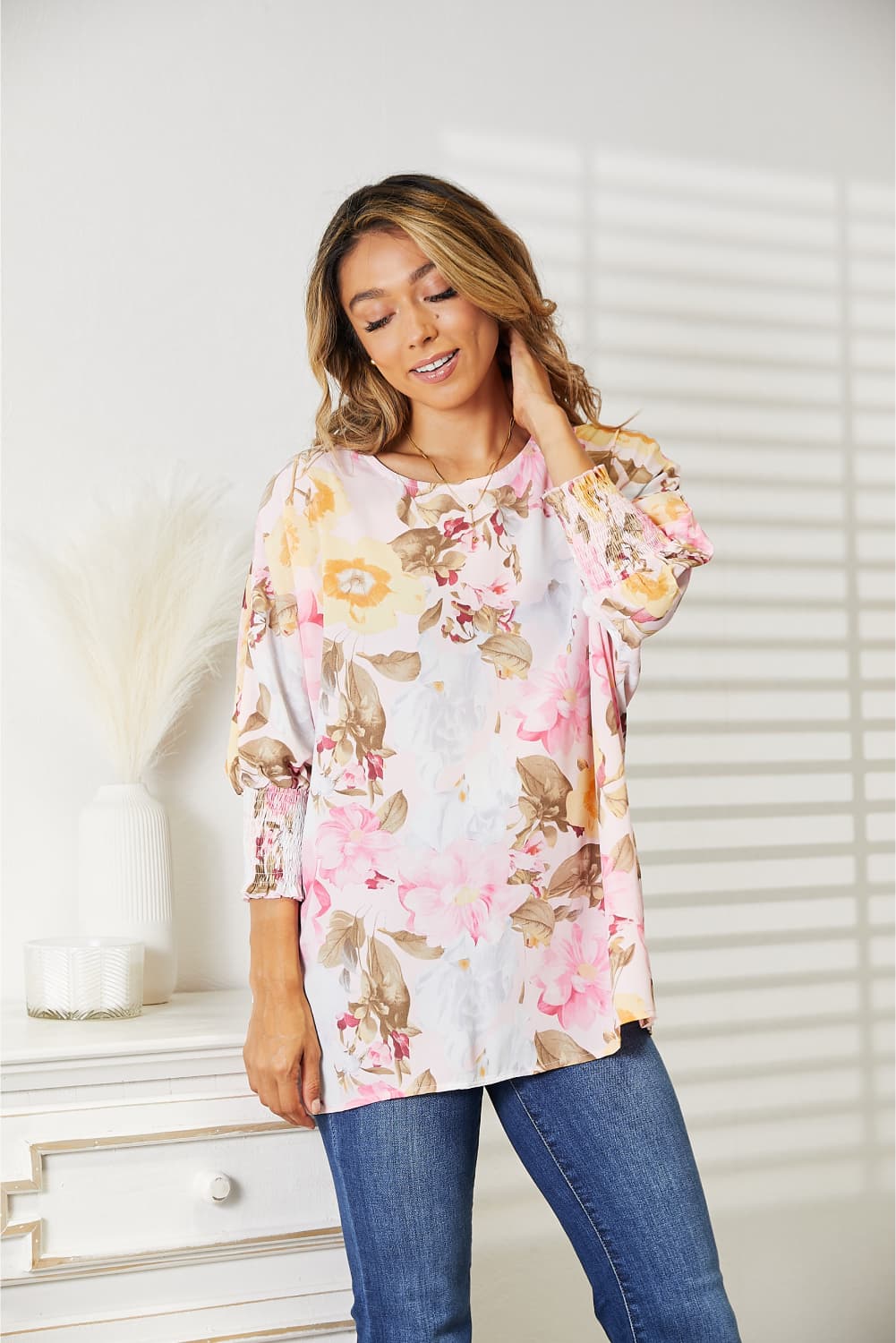 Double Take Floral Round Neck Three-Quarter Sleeve Top - nailedmoms