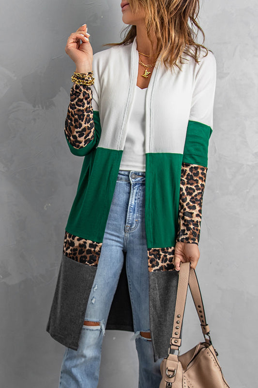 Leopard Color Block Open Front Longline Cardigan - nailedmoms