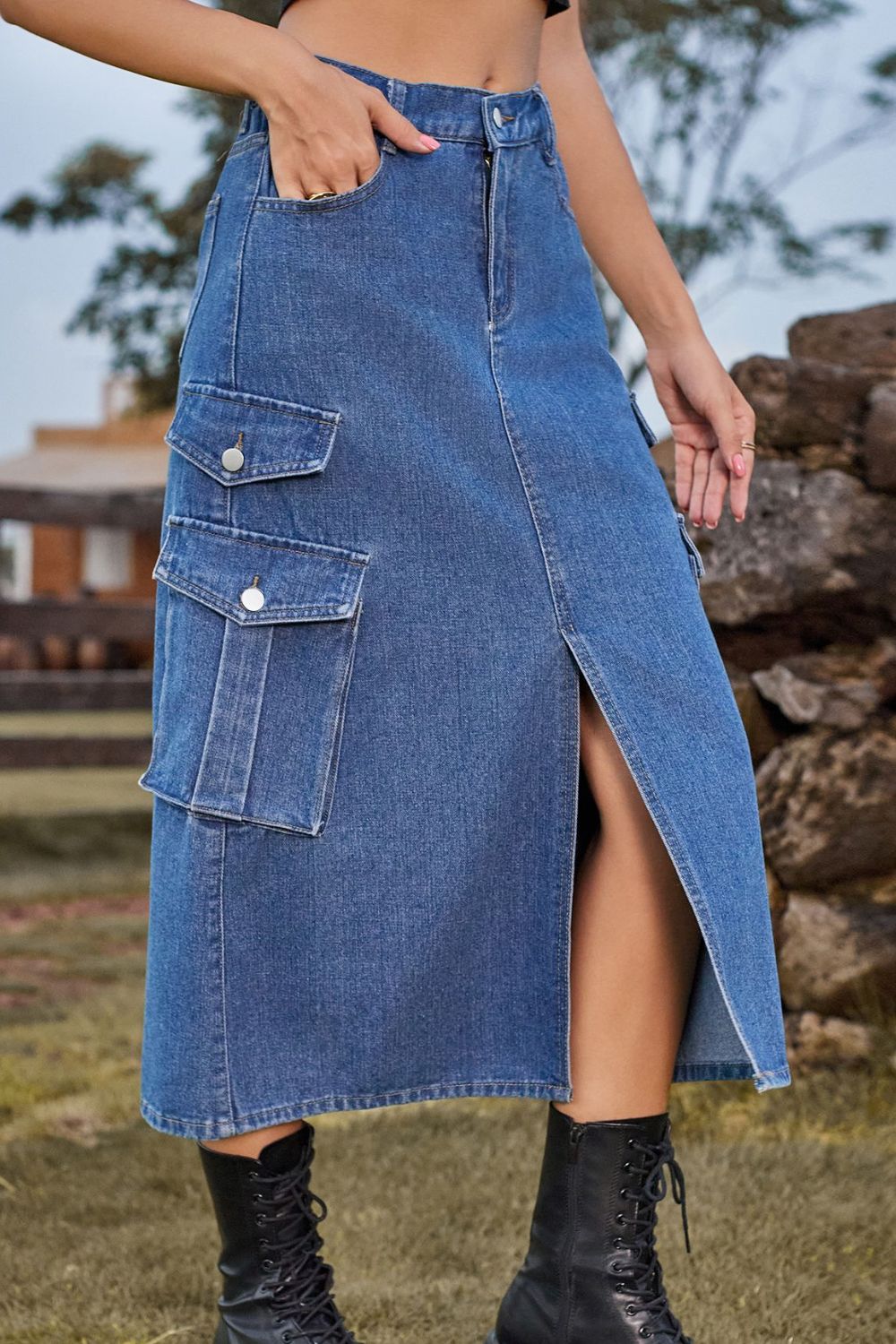 Slit Front Midi Denim Skirt with Pockets - nailedmoms