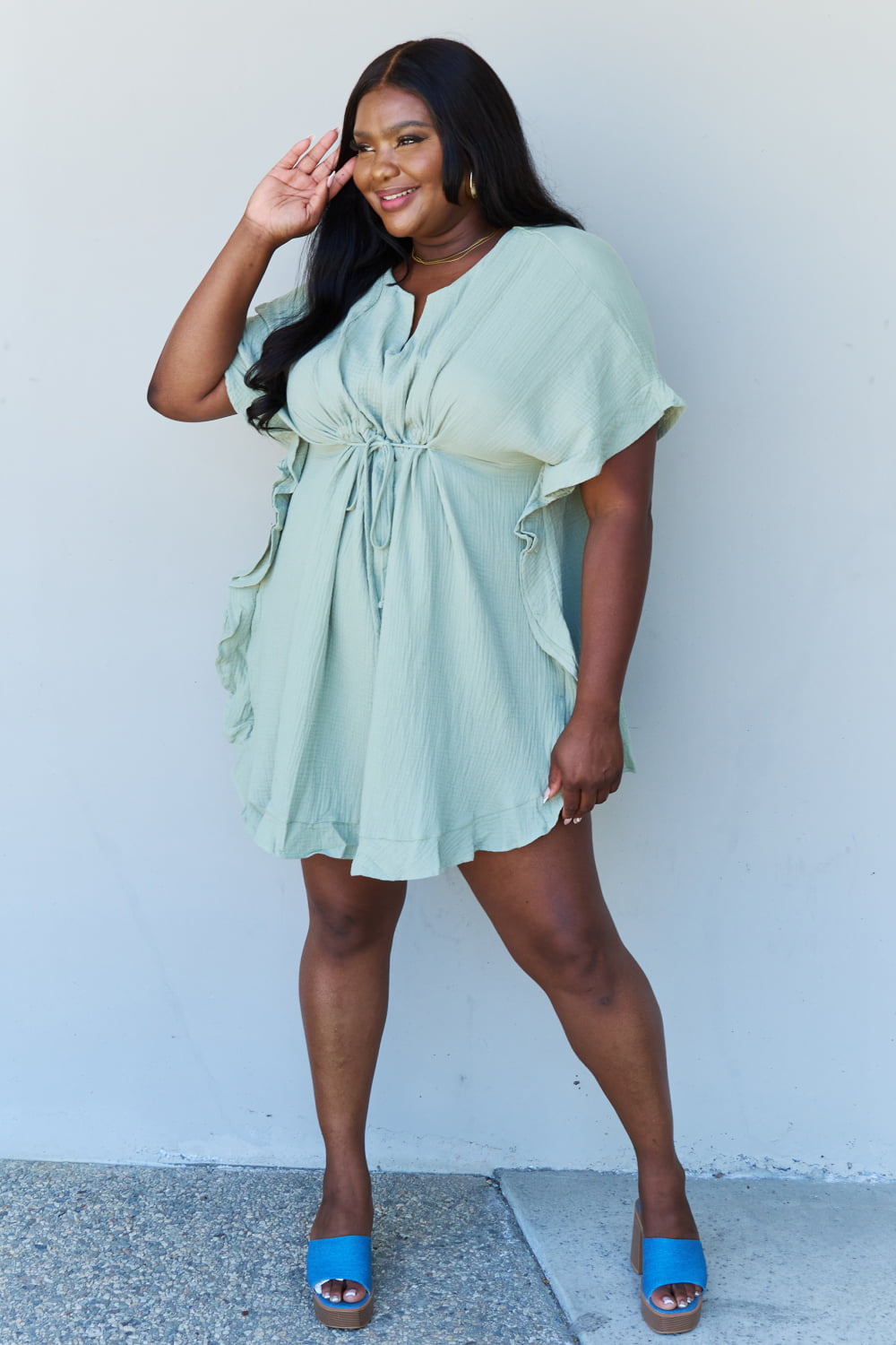 Ninexis Out Of Time Full Size Ruffle Hem Dress with Drawstring Waistband in Light Sage - nailedmoms