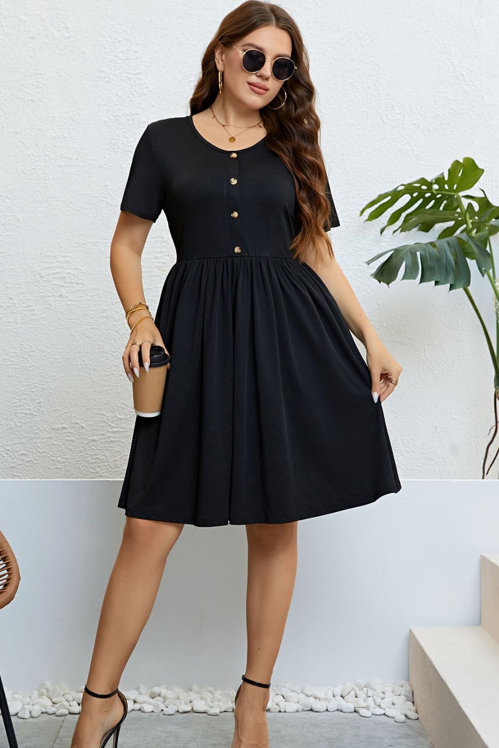 Plus Size Buttoned Short Sleeve Dress - nailedmoms