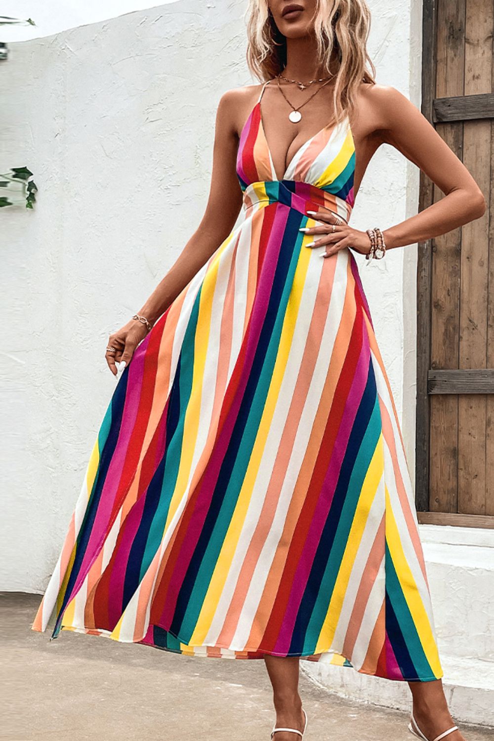 Multicolored Stripe Crisscross Backless Dress - nailedmoms