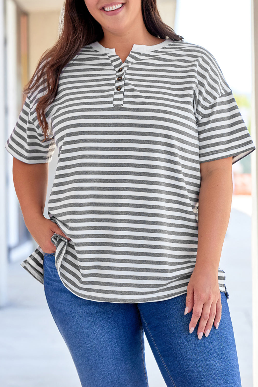 Plus Size Striped Notched Neck Short Sleeve Tee - nailedmoms