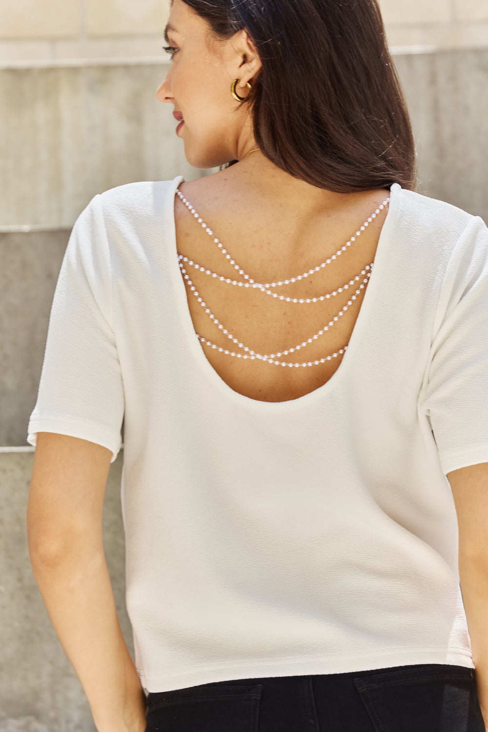 And The Why Pearly White Full Size Criss Cross Pearl Detail Open Back T-Shirt - nailedmoms