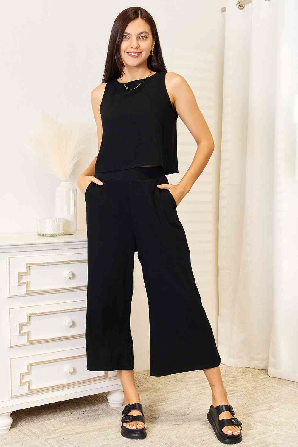 Double Take Buttoned Round Neck Tank and Wide Leg Pants Set - nailedmoms