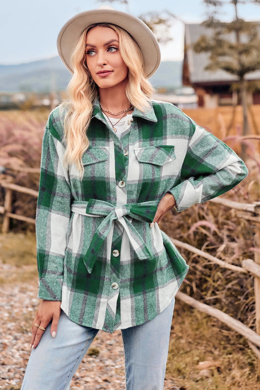 Plaid Collared Neck Bow Front Long Sleeve Jacket - nailedmoms