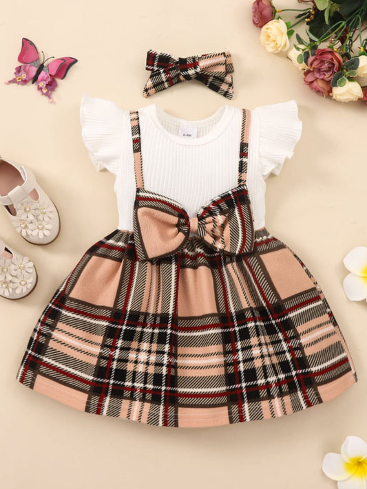 Girls Plaid Bow Detail Ribbed Dress - nailedmoms