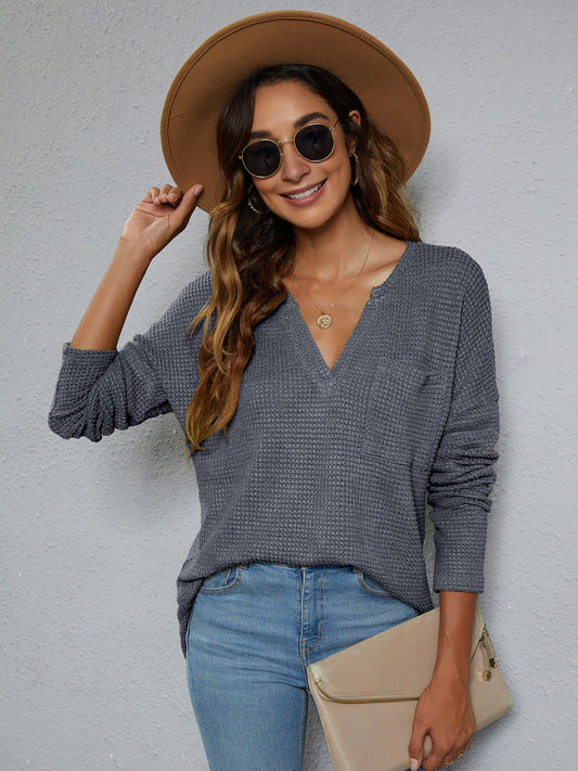 Dropped Shoulder High-Low Waffle-Knit Top - nailedmoms