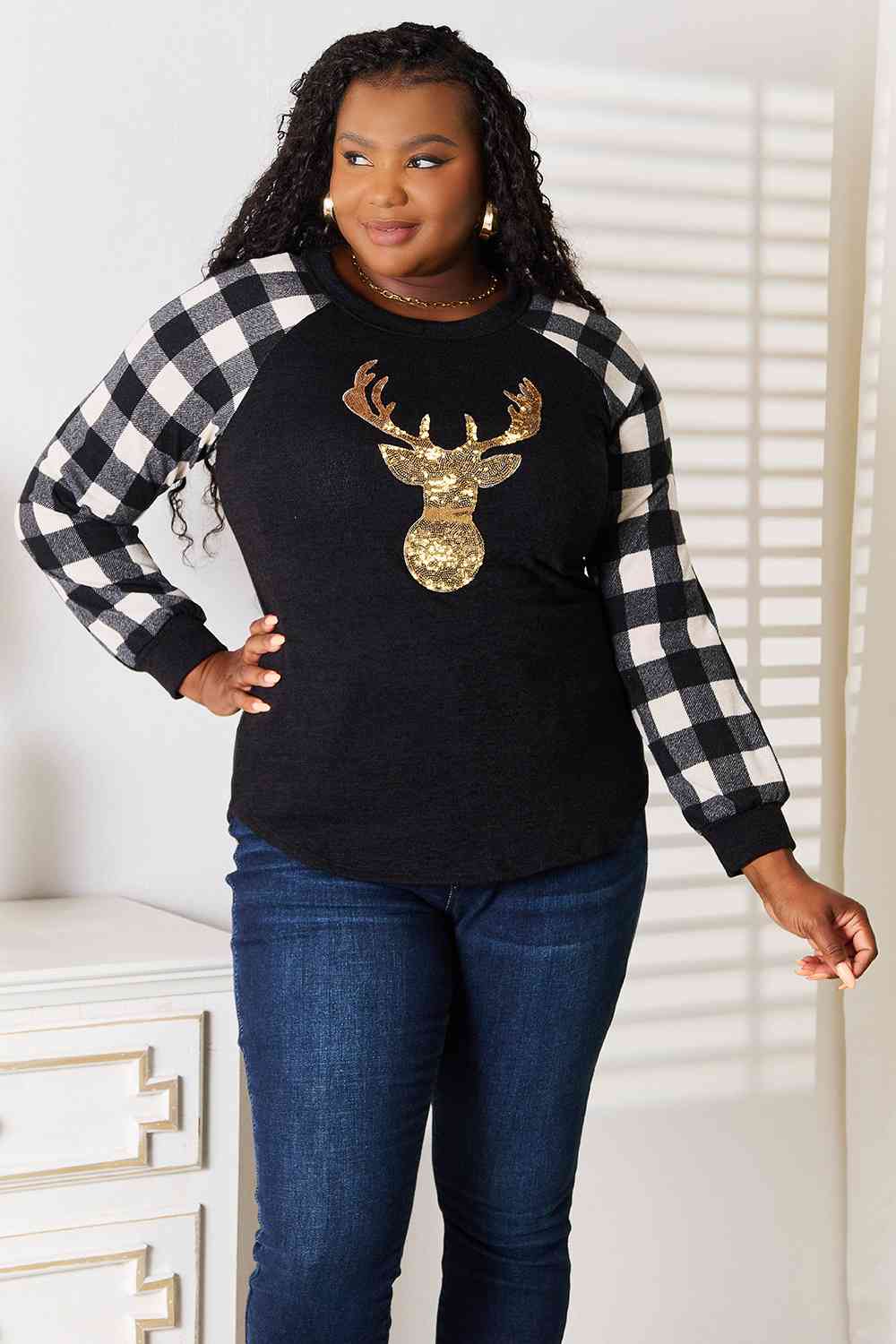Heimish Full Size Sequin Reindeer Graphic Plaid Top - nailedmoms