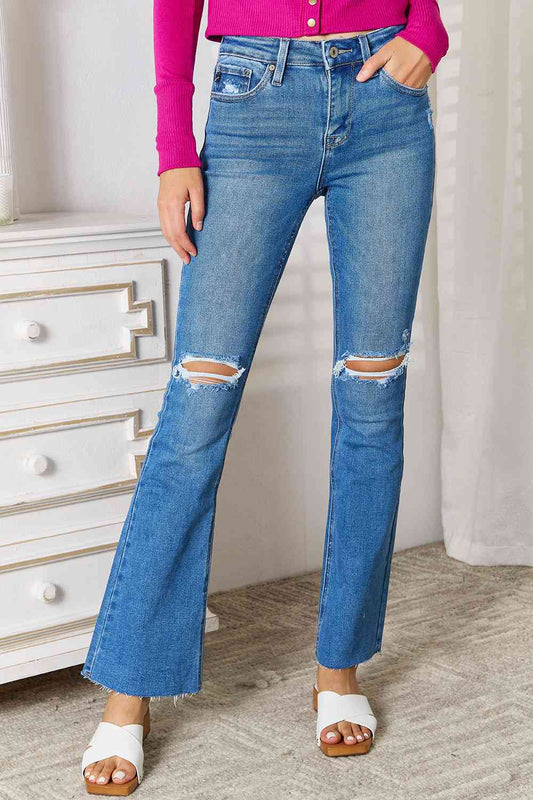 Kancan Full Size Distressed Raw Hem Bootcut Jeans - nailedmoms
