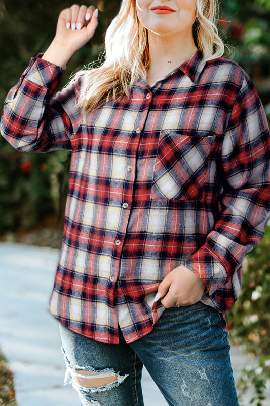 Plus Size Plaid Collared Neck Shirt - nailedmoms