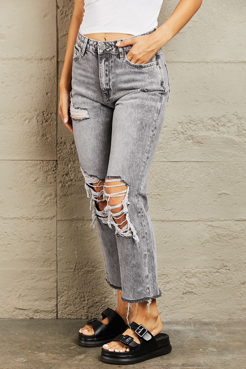 BAYEAS Acid Wash Distressed Cropped Straight Jeans - nailedmoms