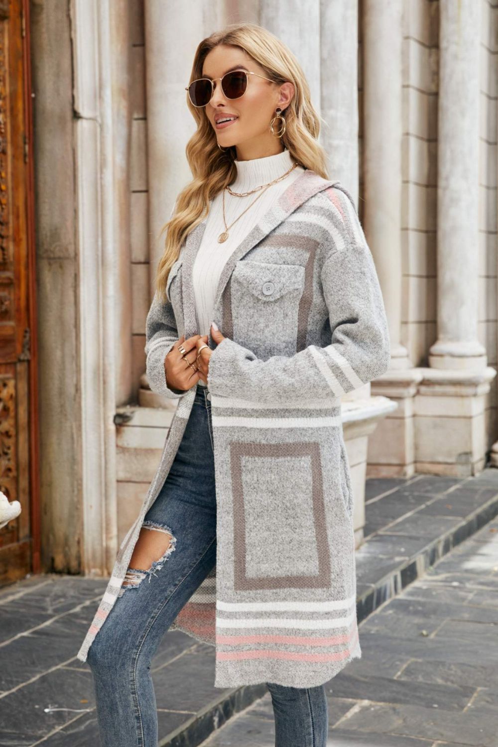 Printed Open Front Hooded Longline Cardigan - nailedmoms