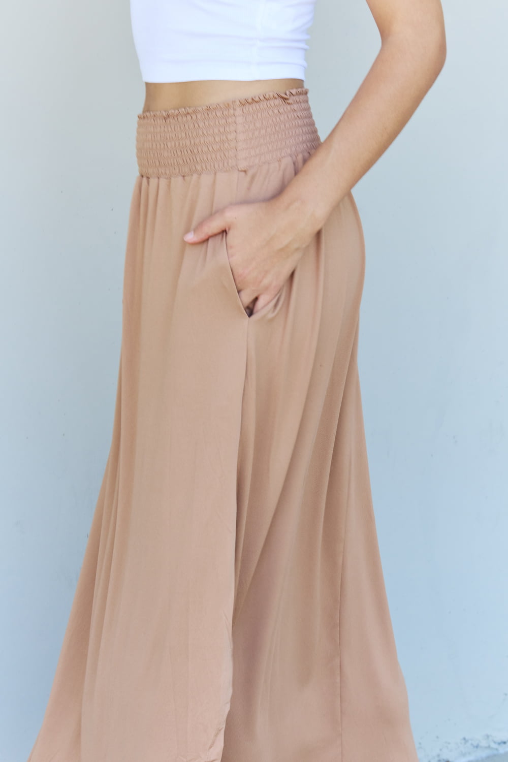 Doublju Comfort Princess Full Size High Waist Scoop Hem Maxi Skirt in Tan - nailedmoms