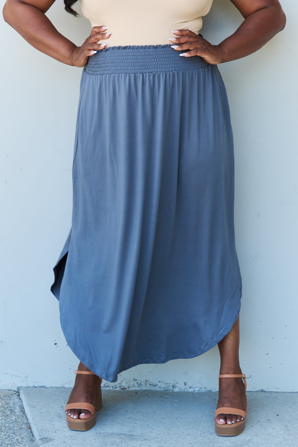 Doublju Comfort Princess Full Size High Waist Scoop Hem Maxi Skirt in Dusty Blue - nailedmoms