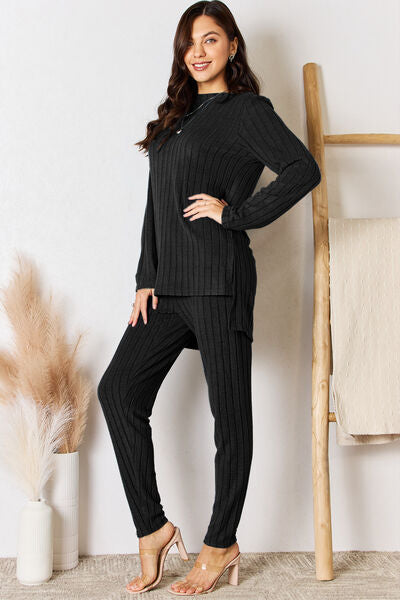 Basic Bae Full Size Ribbed Round Neck High-Low Slit Top and Pants Set – nailedmoms