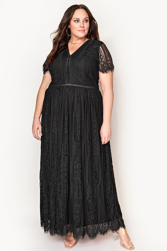 V-Neck Short Sleeve Lace Maxi Dress - nailedmoms