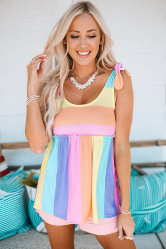 Striped Tie Shoulder Frill Trim Tank - nailedmoms