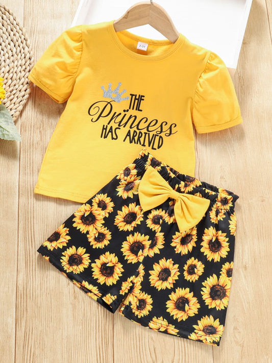 Girls Slogan Graphic Top and Sunflower Print Shorts Set - nailedmoms