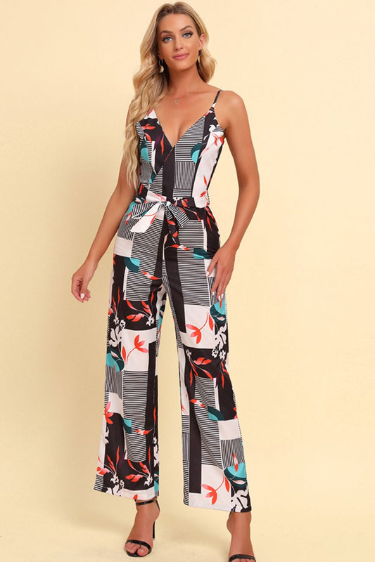 Printed Spaghetti Strap Tied Jumpsuit - nailedmoms