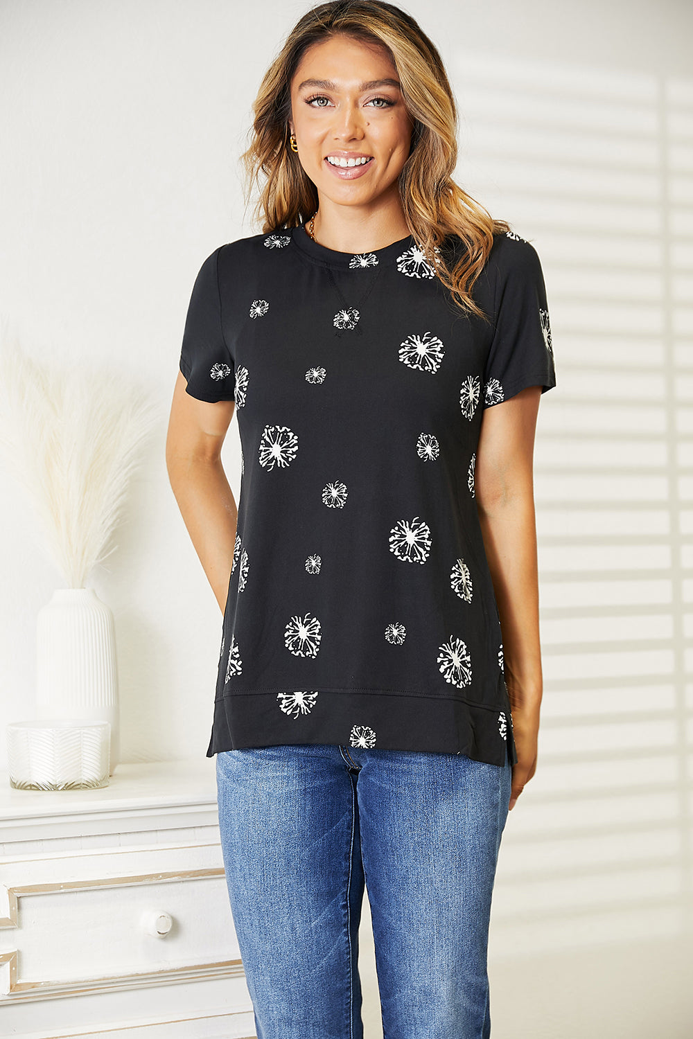 Double Take Dandelion Print Round Neck T-Shirt - nailedmoms