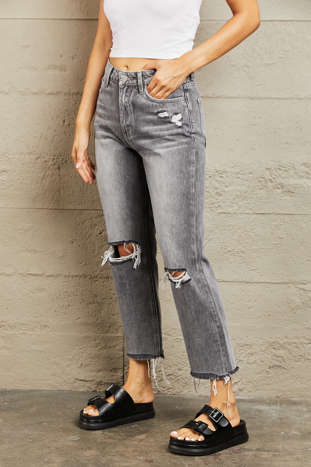 BAYEAS Stone Wash Distressed Cropped Straight Jeans - nailedmoms