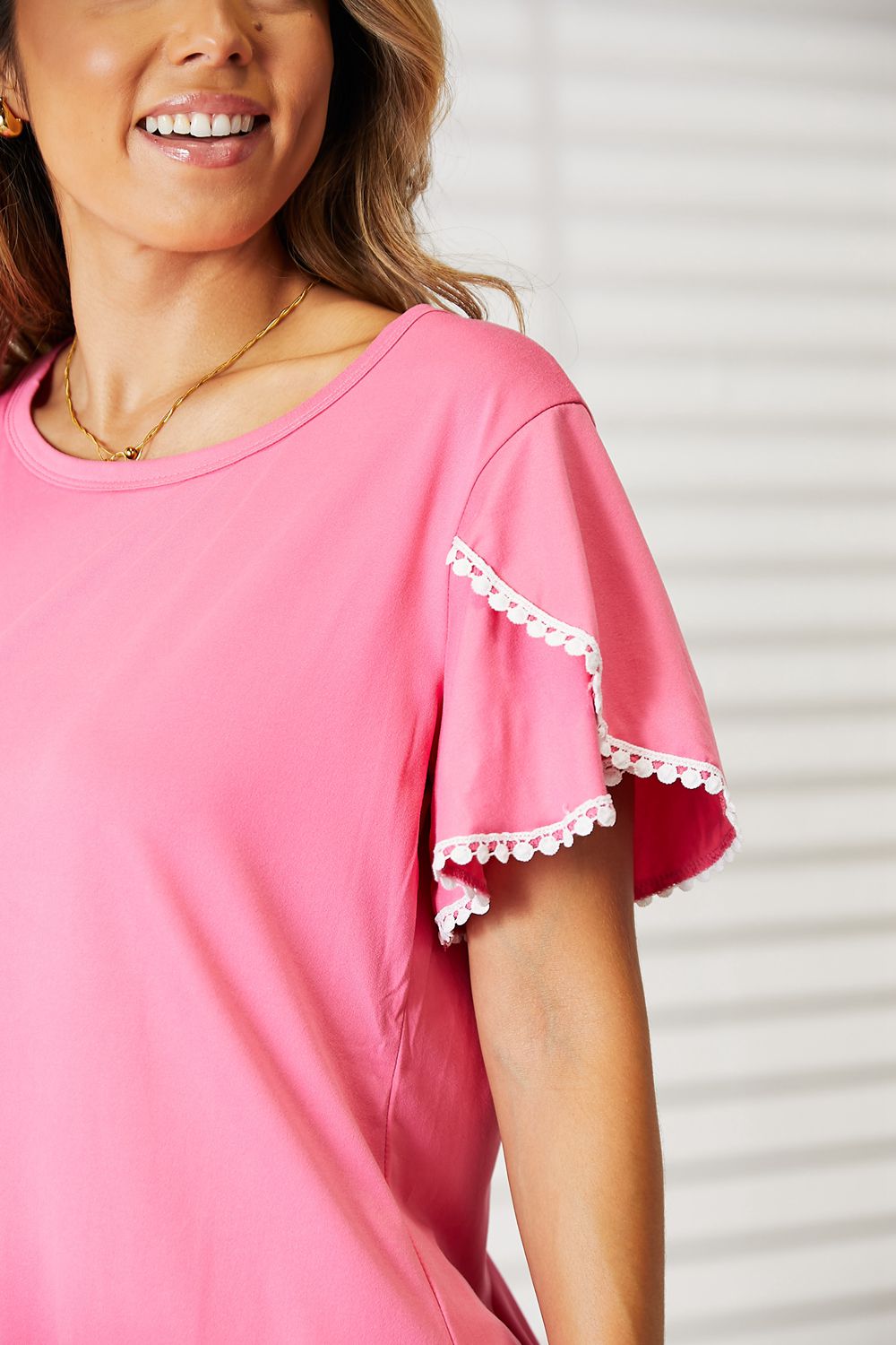 Double Take Pom-Pom Trim Flutter Sleeve Round Neck T-Shirt - nailedmoms