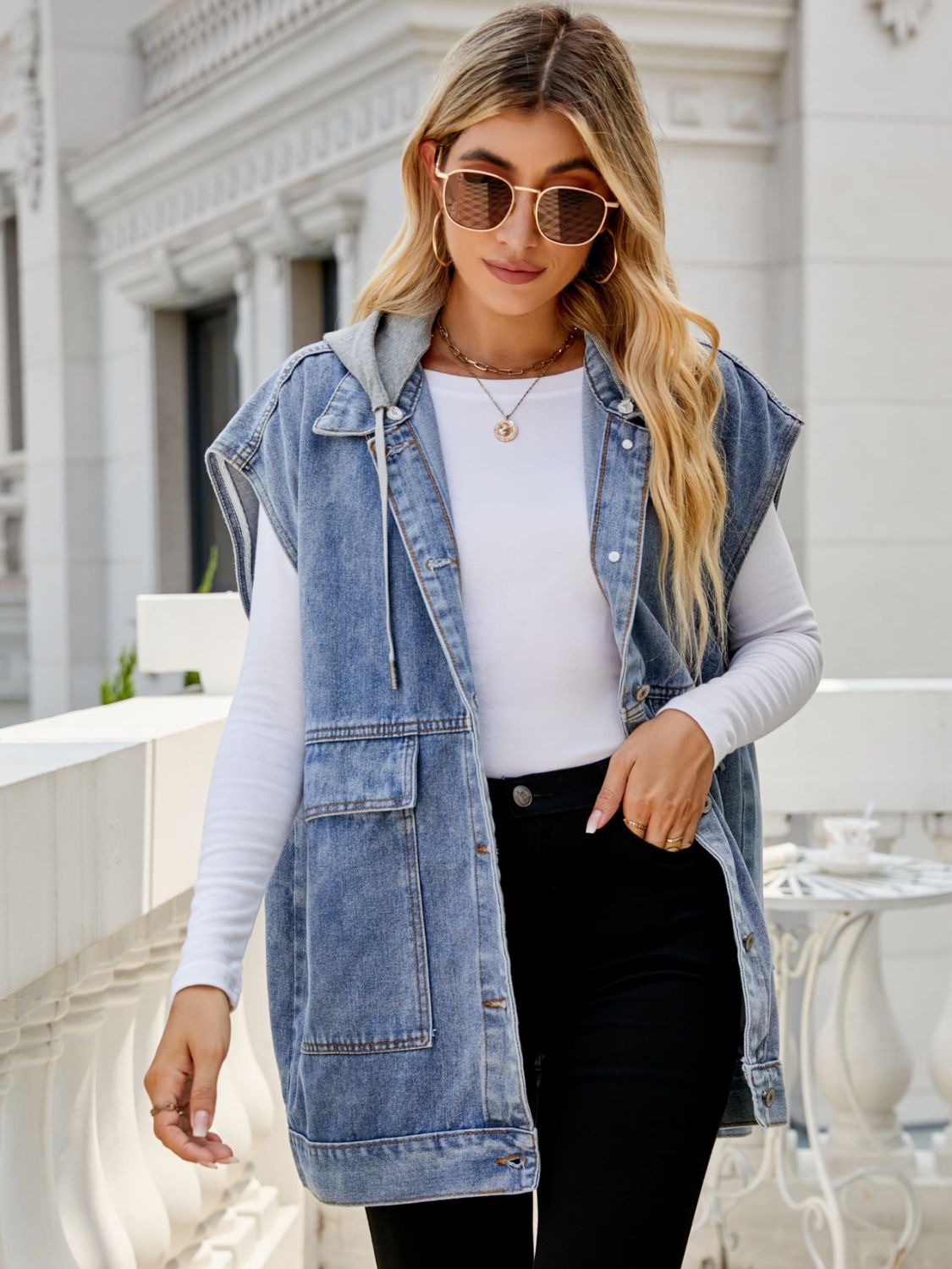 Hooded Sleeveless Denim Top with Pockets - nailedmoms