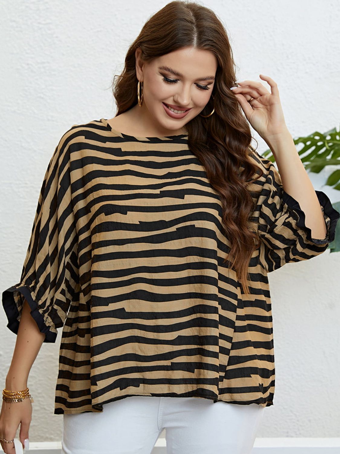 Plus Size Striped Three-Quarter Sleeve Boat Neck Top - nailedmoms