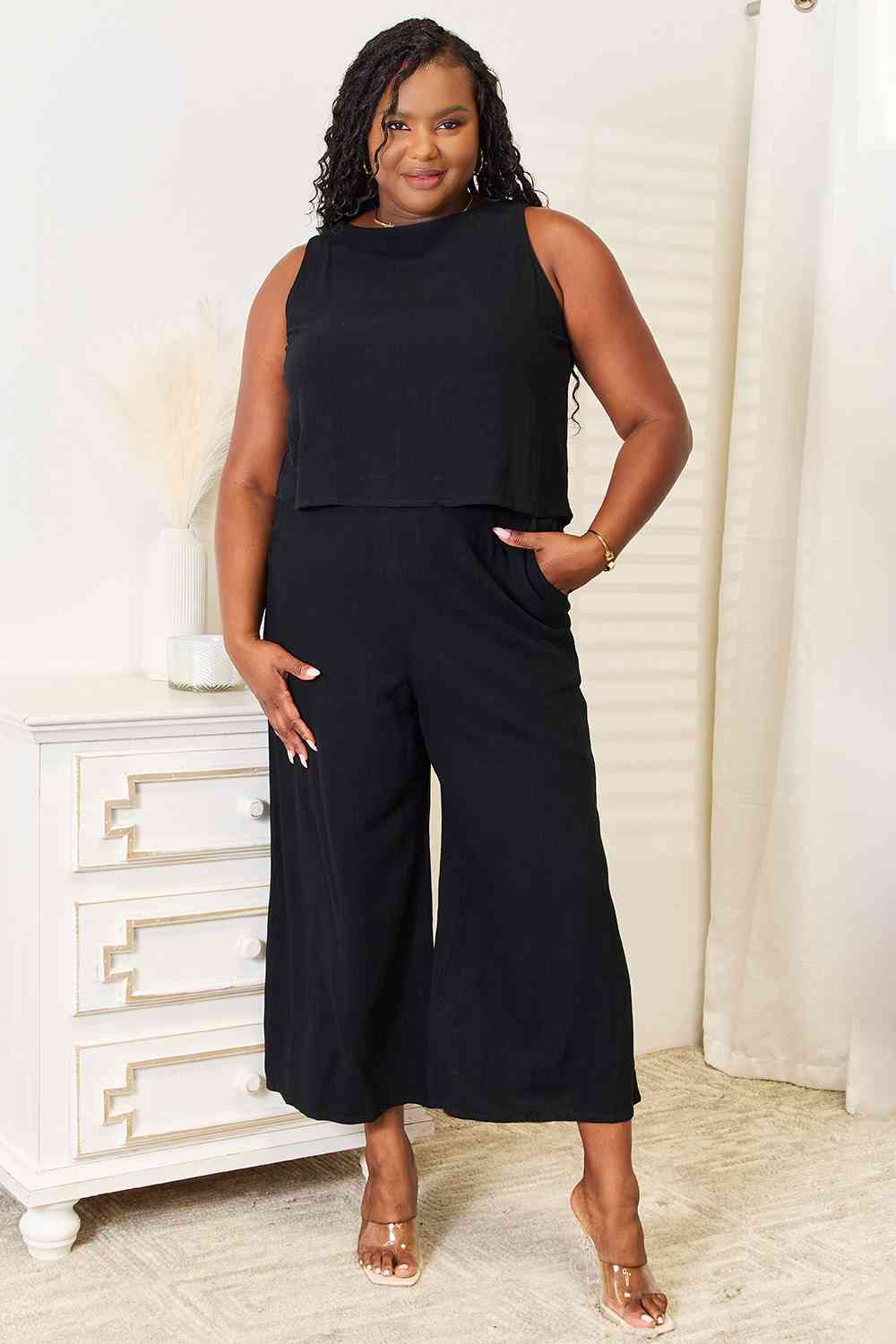 Double Take Buttoned Round Neck Tank and Wide Leg Pants Set - nailedmoms