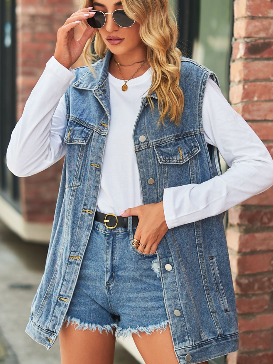 Collared Neck Sleeveless Denim Top with Pockets - nailedmoms