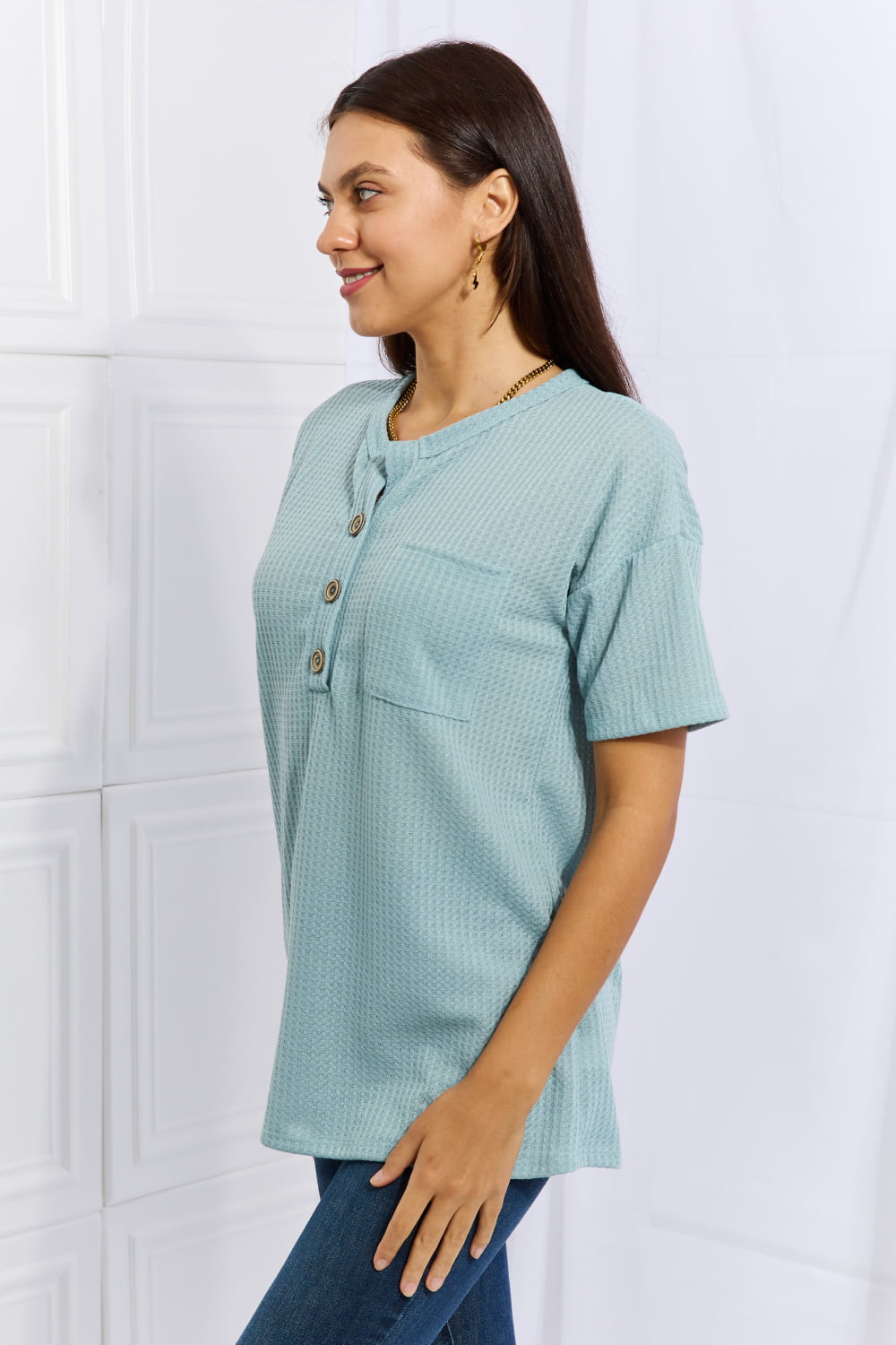 Heimish Made For You Full Size 1/4 Button Down Waffle Top in Blue - nailedmoms